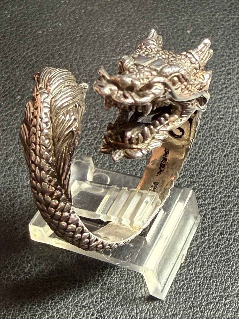 RARE SARDA Sterling Ball Handmade Dragon Bi Pass Adjustable Ring Size 10.5